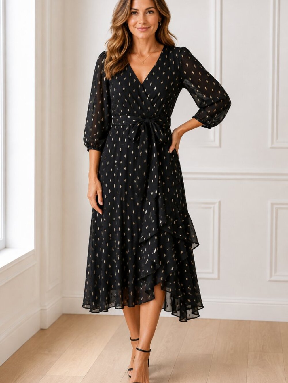 Chic Black & Gold Wrap Midi Dress — Ruffle Hem, Elegant Fit